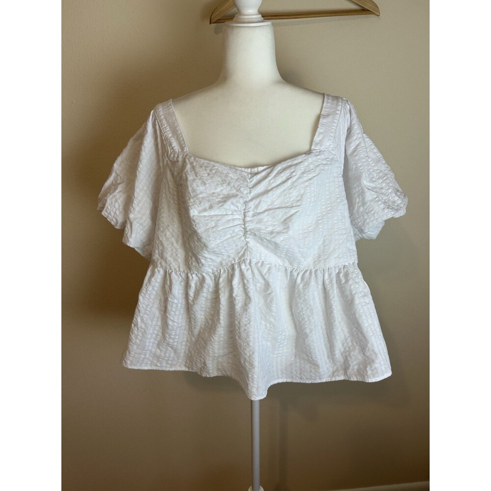 Old Navy 2X Blouse Top White Coastal Preppy Puff Sleeve Babydoll Peplum